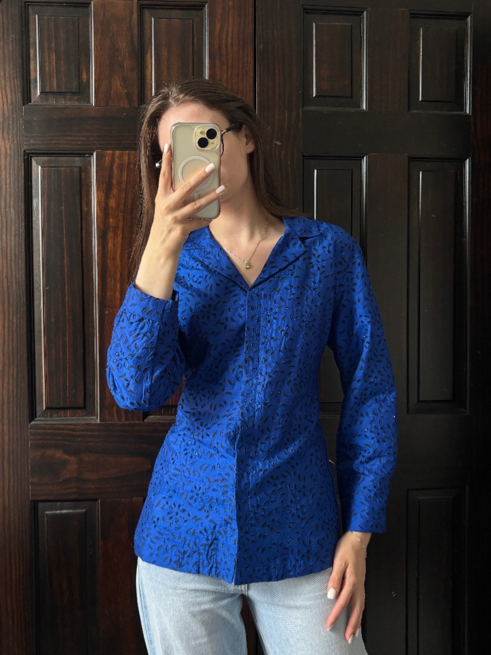 Chico’s Design Women’s Size 1 Blue Black 100% Silk Eyelet Beaded Jacket Blazer